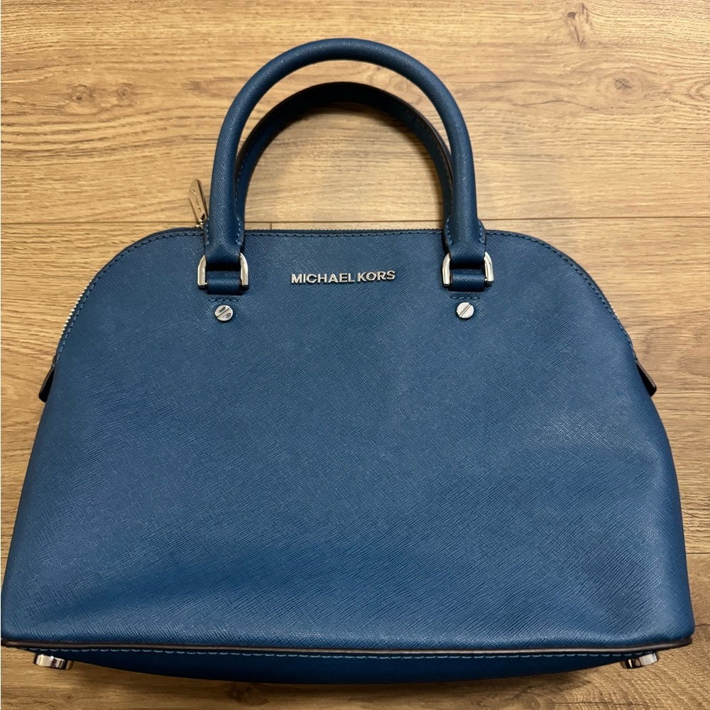 Michael Kors Blue Saffiano Satchel with Gold Hardware